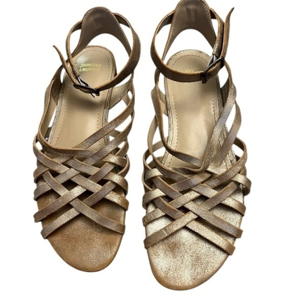 Johnston & Murphy “Grace” Silver Gold Leather Strappy Flat Ankle Strap Sandals 8